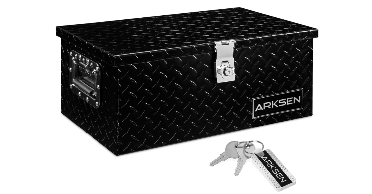 ARKSEN 20 Inch Heavy Duty Aluminum Diamond Plate Tool Box Chest Box Pick Up Truck Bed RV Trailer Toolbox Storage with Side Handle and Lock Keys – Black