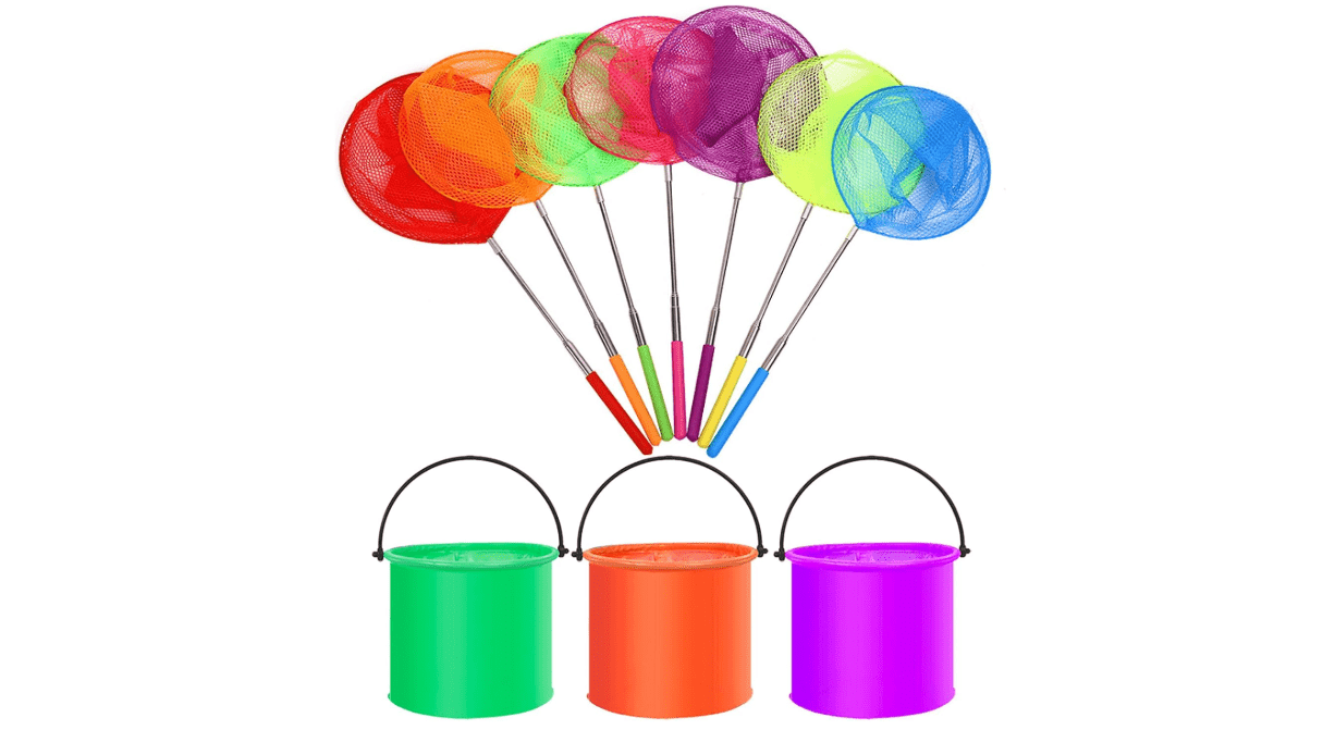 JIUDUOYUAN 10 Pcs Telescopic Butterfly Fishing Nets and Foldable Bucket Outdoor Explorer Catching Kits Extendable from 15 inch to 34 inch