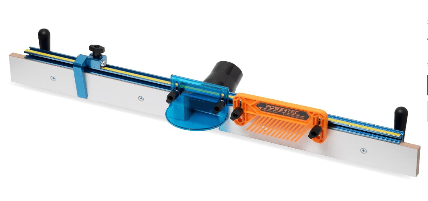 POWERTEC Router Table Fence System 3-1/2" Tall 32" Long, Router Fence Kit with Adjustment Knob, Aluminum Flip Stop, Measuring Tape, Feather Board, Bit Guard, and Built-In 2-1/2" Dust Port - 71655