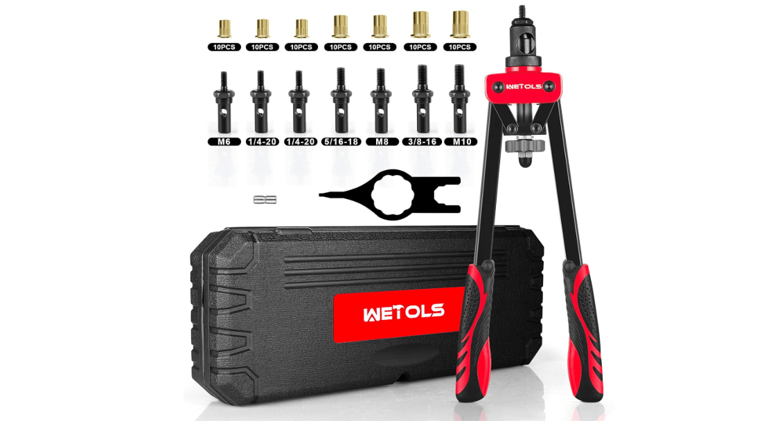 WETOLS Rivet Nut Tool Kit, 14-Inch Rivnut Tool with 7 Metric and SAE Mandrels, Professional Hand Riveter with 70Pcs Rivnuts Assortment Kit, Manual Rivet Nut Gun with Rugged BMC Case