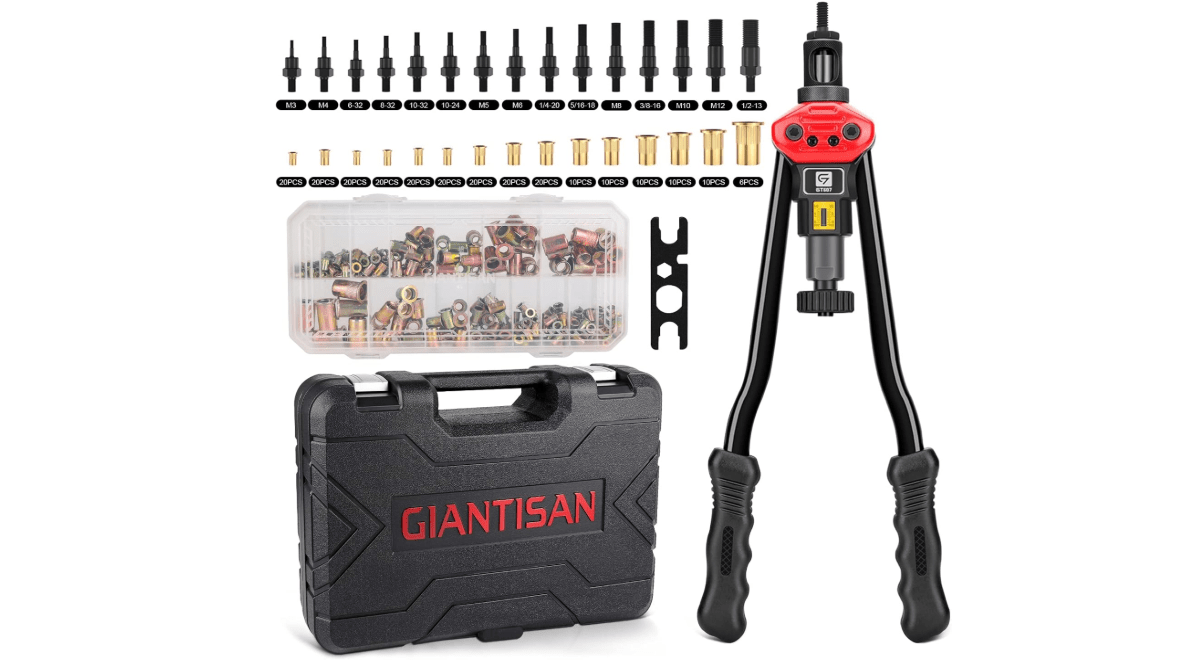 GIANTISAN Rivet Nut Tool, 16-inch Rivnut Tool Kit with 15 SAE & Metric Mandrels, 236pcs Rivnut Assortment Kit and Rugged Carrying Case