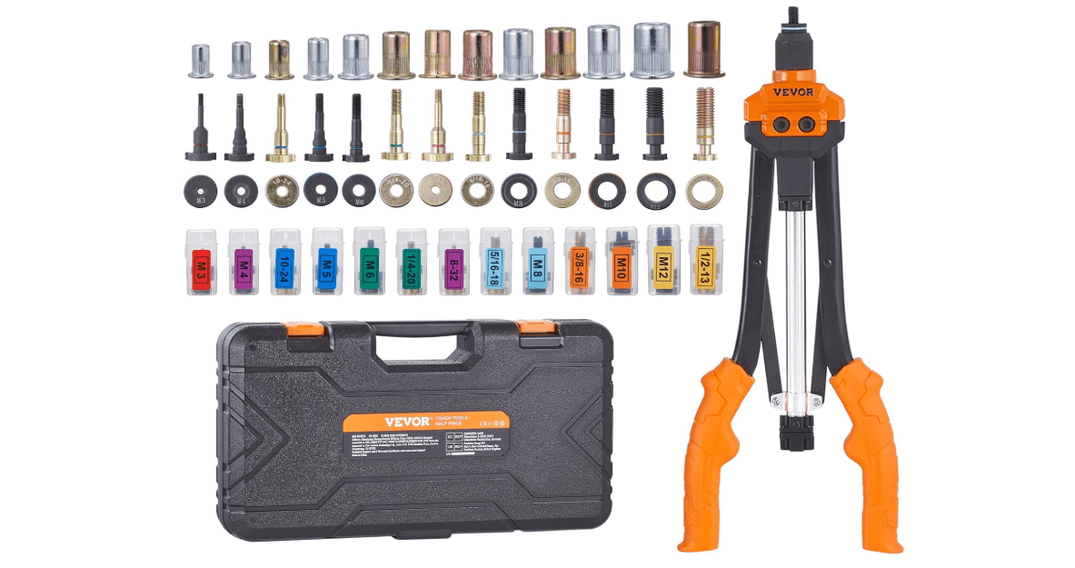 VEVOR Rivet Nut Tool, 16 inch Rivnut Tool Kit with 13PCS Metric and SAE Mandrels, 186PCS Rivet Nuts, Semi-auto Retraction, M3, M4, M5, M6, M8, M10, M12, 1/4-20, 5/16-18, 3/8-16, 1/2-13, 8-32, 10-24