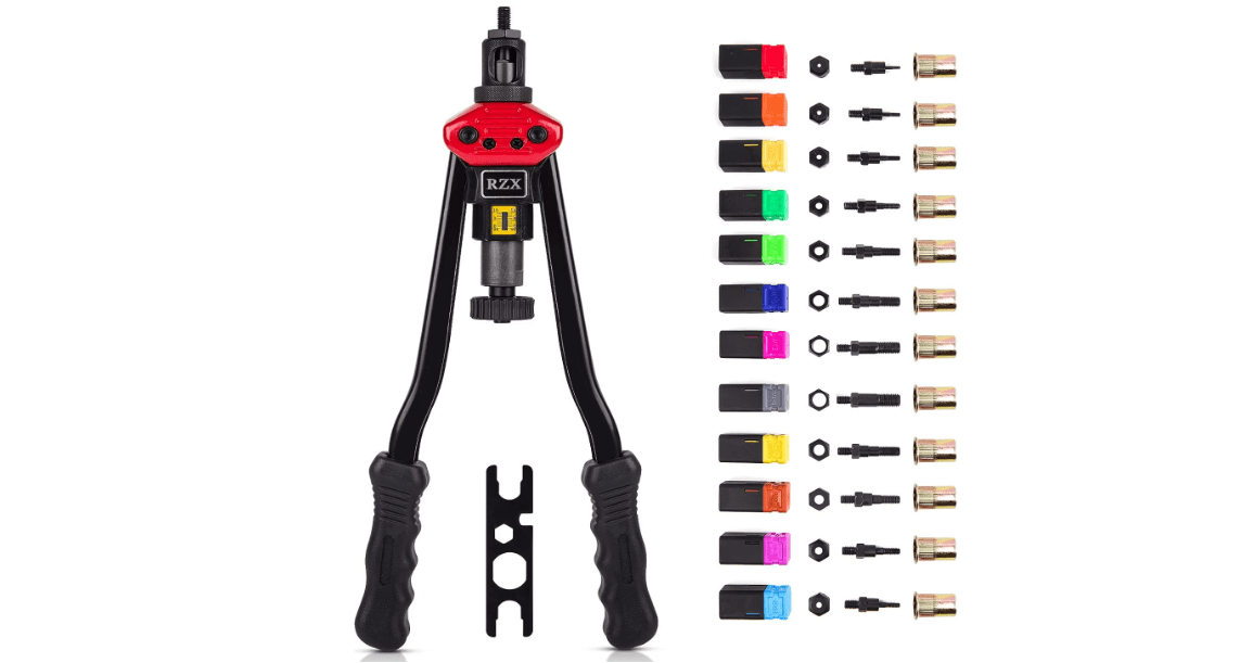 RZX 16" RIVET NUT TOOL Hand Blind Riveter,RIVNUT Riveting Tools with Nut Setting System M3 M4 M5,m6,m8,m10 M12, 10-24, 1/4-20, 5/16-18,3/8-16,totally 11 mandrels+110PCS Rivets Nuts (17" RIVET GUN)