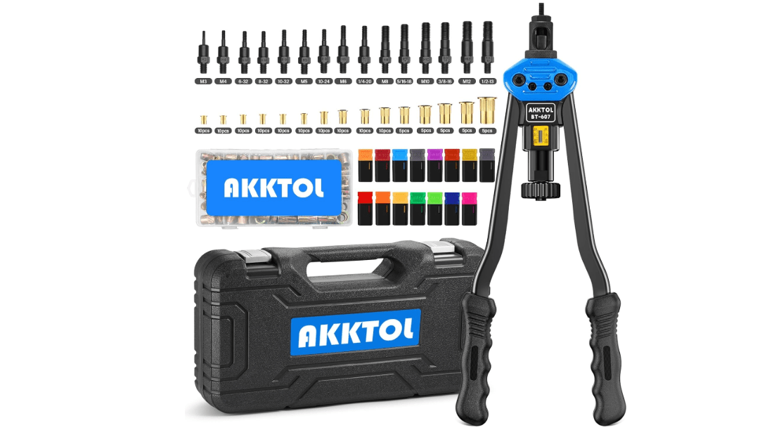 AKKTOL Rivet Nut Tool kit, 16" Rivnut Tool Kit with 15 Metric and SAE Mandrels, 125-PCS Rivet Nut Assortment Kit, Rugged Carrying Case, Ideal for Sheet Metal & Automotive Work