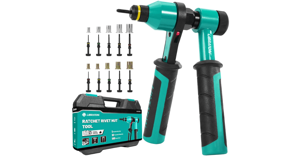 LIBRATON Rivet Nut Tool, Rivnut Tool, Professional Ratchet Nutsert Tool Kit, Nutsert Gun Kit with 10 SAE and Metric Mandrels, 100PCS Rivet Nuts, Rugged Carry Case, Insert Tool Kit for Automotive