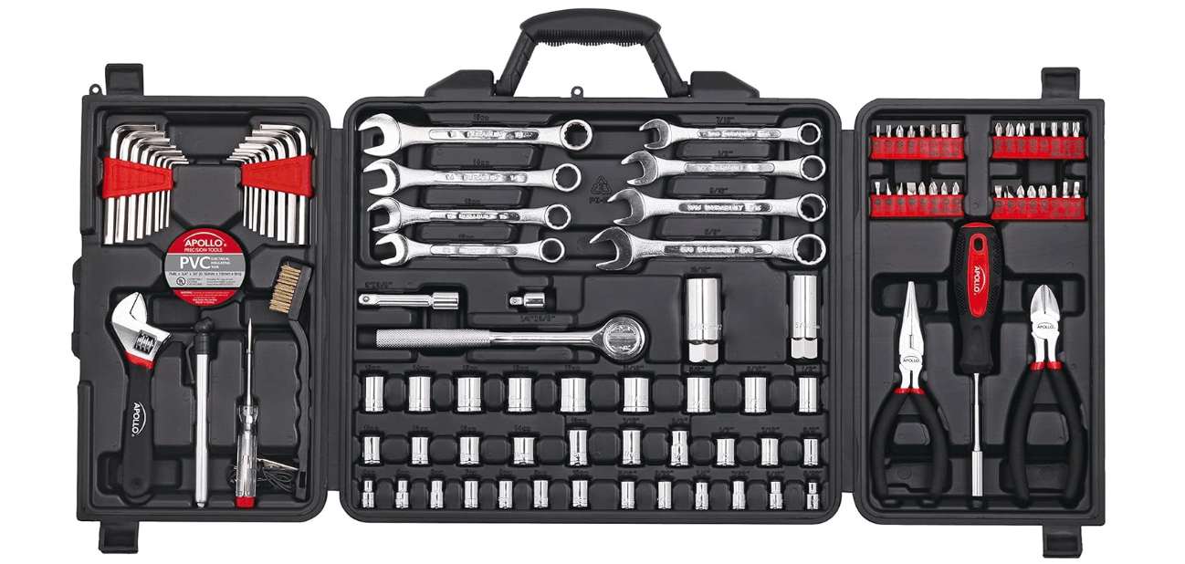 Apollo Tools 101 Piece Mechanic Tool Set for Roadside Emergencies. SAE and Metric for Mechanical Repairs for Boating, RV, Bikes, in Compact Carrying Case - Red - DT0006