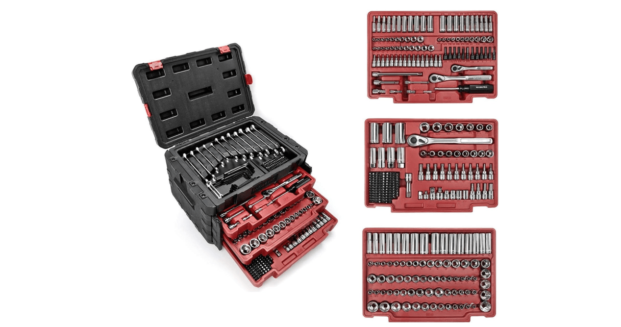 WORKPRO 450-Piece Drive Socket Set 1/2" 1/4" 3/8", CR-V Metric and Imperial with Quick-Release Ratchet Wrench, Spanners, Bits Set, Mechanics Tool for Car Repair