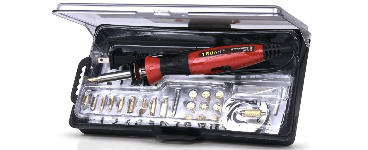 TRUArt Stage 1 Wood Leather Cardboard Paper Pyrography Pen Set w/Jewelry Soldering Point - Best Woodburning Crafts Burner Tool Kit - Comes with 35 Tips, Dual Power Mode - 30W-15W, Gourd