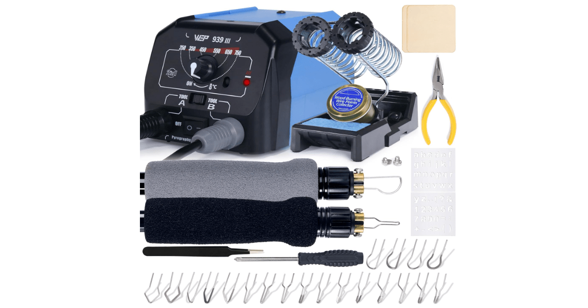 WEP 939-III Dual Pen Wood Burning Kit 34-IN-1 with 20 Woodburning Tips Soft-Grip Pyrography Pen with 2 Stencils, 2 Unfinished Wood, 1 Pen Holder Professional Wood Burner Tool