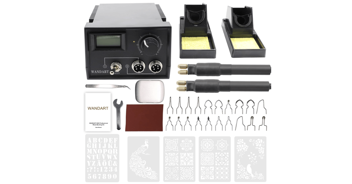 Professional Wood Burning Kit, Wandart 60W Wood Burning Tool Pyrography Kit with Dual Wood Burner 20 Woodburning Wire Nibs Tips including Ball Tips and 5PCS Stencils
