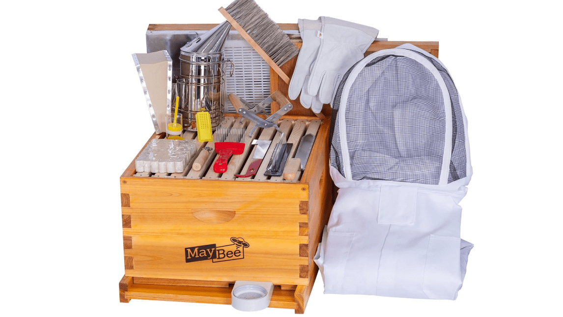 MayBee 10-Frame Beehive Starter Kit, Bee Hive Kit Dipped in 100% Beeswax, Bee Hives Boxes Starter Kit Includes Beekeeping Supplies Tool Kit