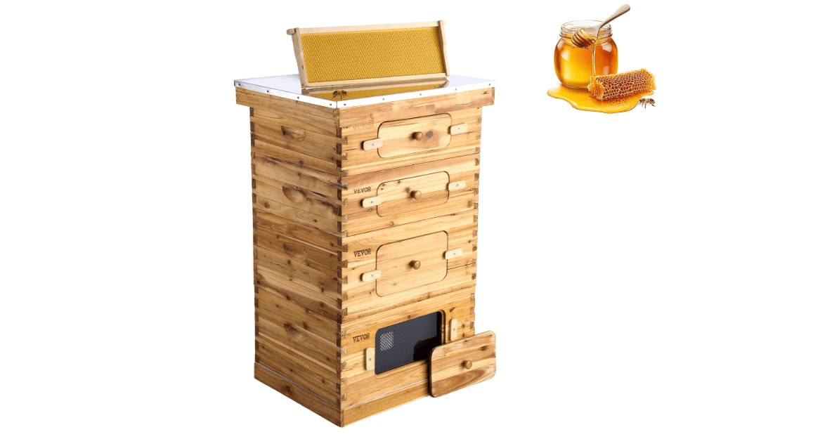 VEVOR 10 Frame Bee Hive, Beeswax Coated Fir Wood, Bee Hives Starter Kit,2 Deep + 2 Medium Bee Boxes Langstroth Beehive Kit, Transparent Acrylic Windows with Foundations for Beginners Pro Beekeepers