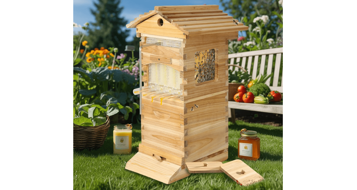 Bee Hive,Self-Flowing Honey Beehive Wooden Box,Auto Bee Hives Boxes with 10 Frames,Beehives and Supplies Starter Kit for Beekeepers
