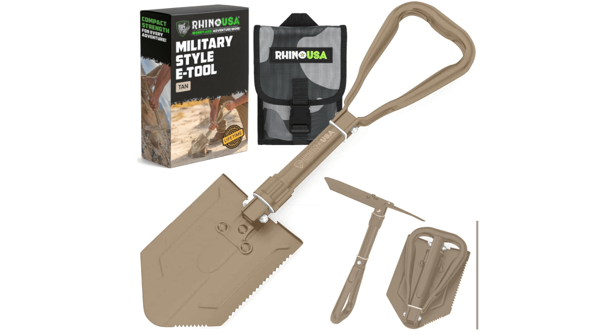 RHINO USA Folding Survival Shovel w/Pick - Heavy Duty Carbon Steel Military Style Entrenching Tool for Off Road, Camping, Gardening, Beach, Digging Dirt, Sand, Mud & Snow - Tan