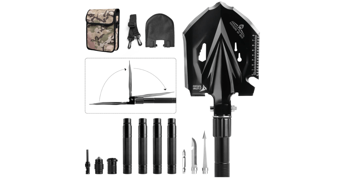 Zune Lotoo Tactical Shovel Survival Tool, 18 in 1 Small Camping Shovel Folding Multitool Compact Entrenching Tool Heavy Duty for Hiking Backpack Emergency Spade Lightweight Car Truck Gift Survivalist
