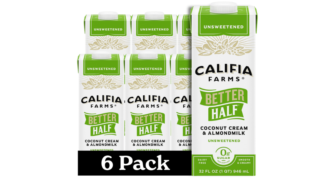 Califia Farms - Unsweetened Better Half, Half and Half Substitute, 32 Oz (Pack of 6), Almond Milk, Coconut Cream, Coffee Creamer, Keto, Shelf Stable, Dairy Free, Plant Based, Vegan