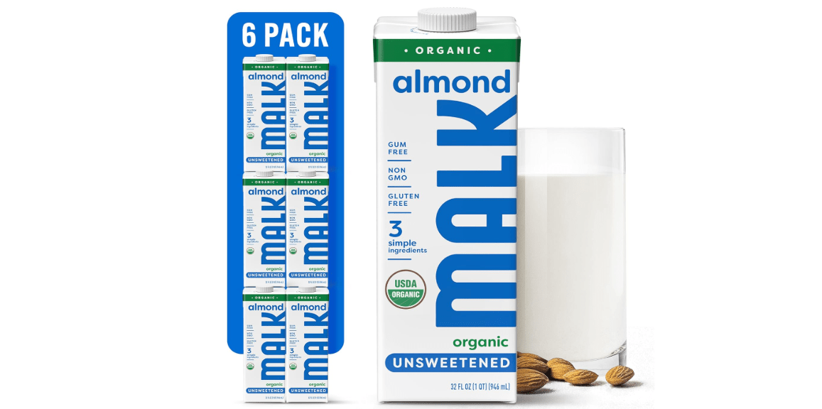 MALK Almond Milk Unsweetened (32oz, Pack of 6) - Shelf Stable Organic Almond Milk, Non GMO, Whole 30, Dairy Free, Vegan, Plant Based, No Gums or Fillers - Malk for Smoothies, Cereal, Coffee, Creamer
