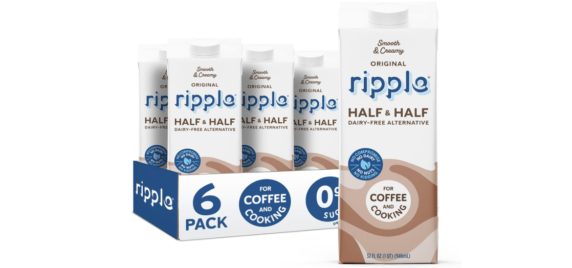 Ripple 32 oz Plant Based Milk 8g of Quality Sourced Pea Protein, Calcium Rich | Shelf Stable | Vegan & Non GMO Certified | Dairy, Soy, Nut, Gluten, & Lactose Free (Pack of 6) (32 Fl Oz (Pack of 6), Half & Half)