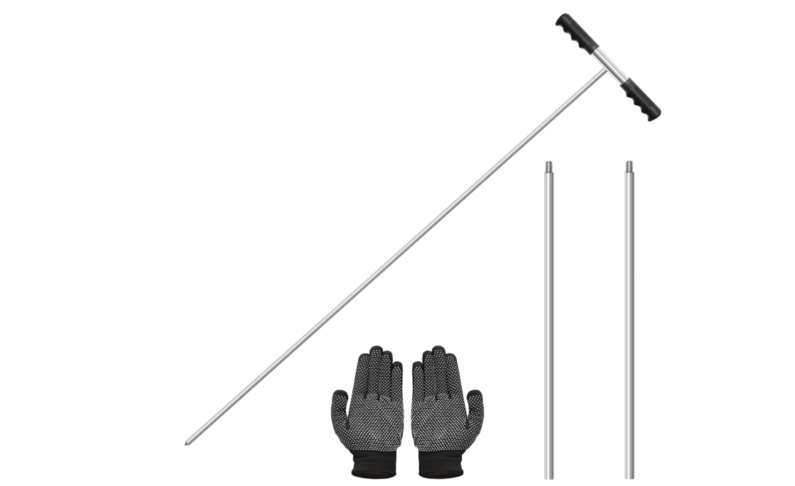 Anglekai 32-48 Inches Soil Probe Rod, Heavy Duty Metal Ground Probe Rod with Insulated T-Handle/Gloves for Locating Underground Pipe/Gardening/Soil Compaction
