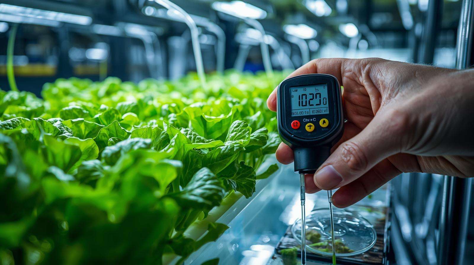 Hydroponic nutrient testing with EC meter for 10 20 20 fertilizer, ensuring optimal growth for lettuce in a water-based system.