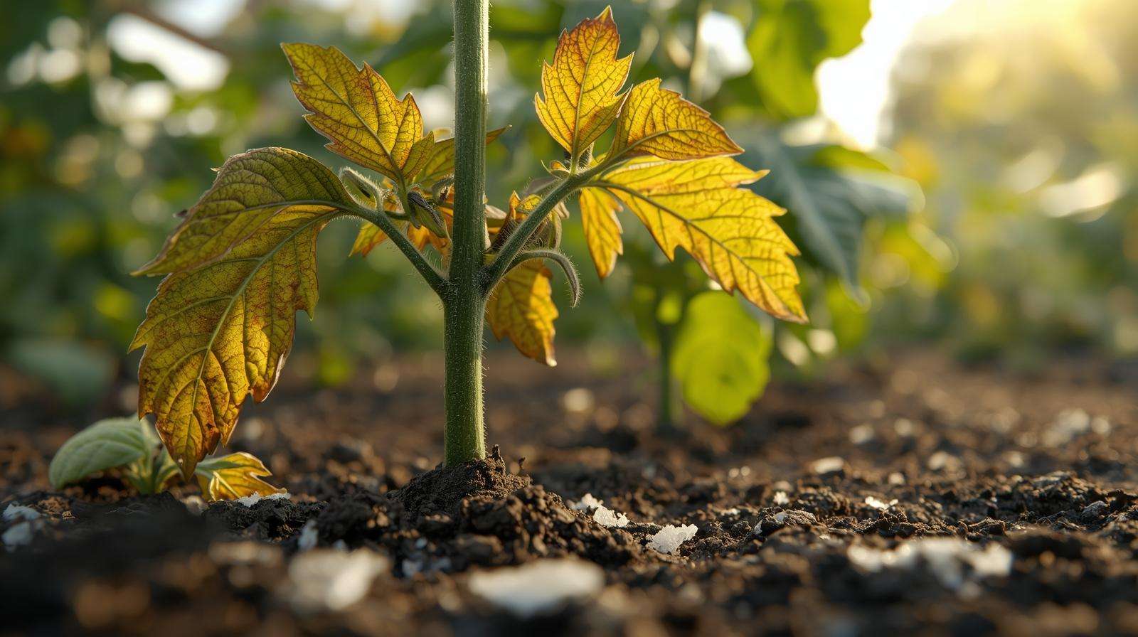 Tomato plant with yellowing leaves from overusing 12-12-12 fertilizer in a garden.