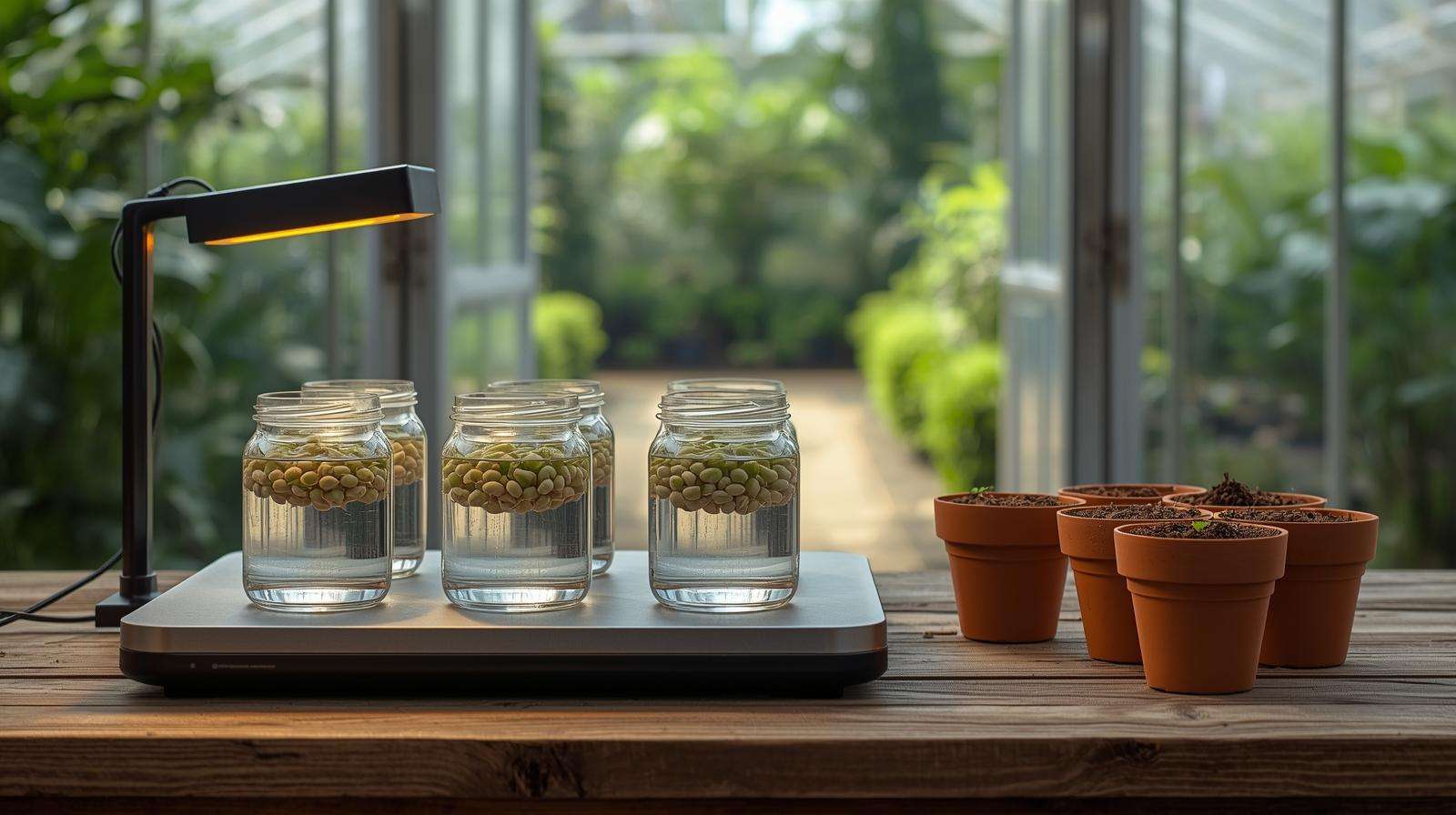 Germination station with jars, heating mat, and grow light for planting water lily seeds.