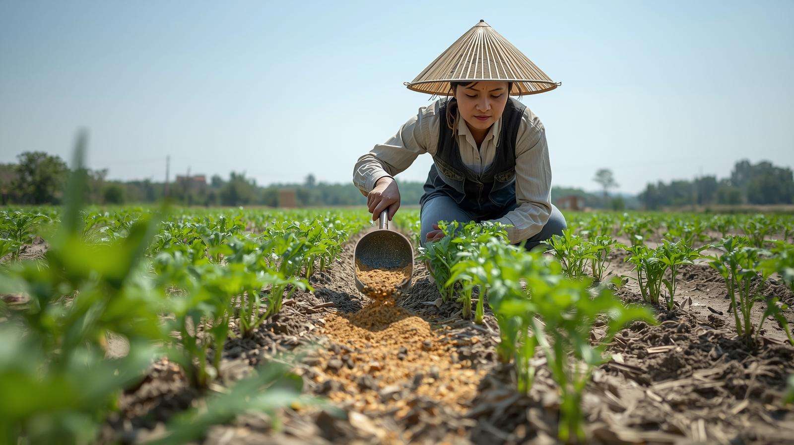 Farmer side-dressing 10 20 10 fertilizer around carrot plants, showcasing precise application for enhanced root growth.
