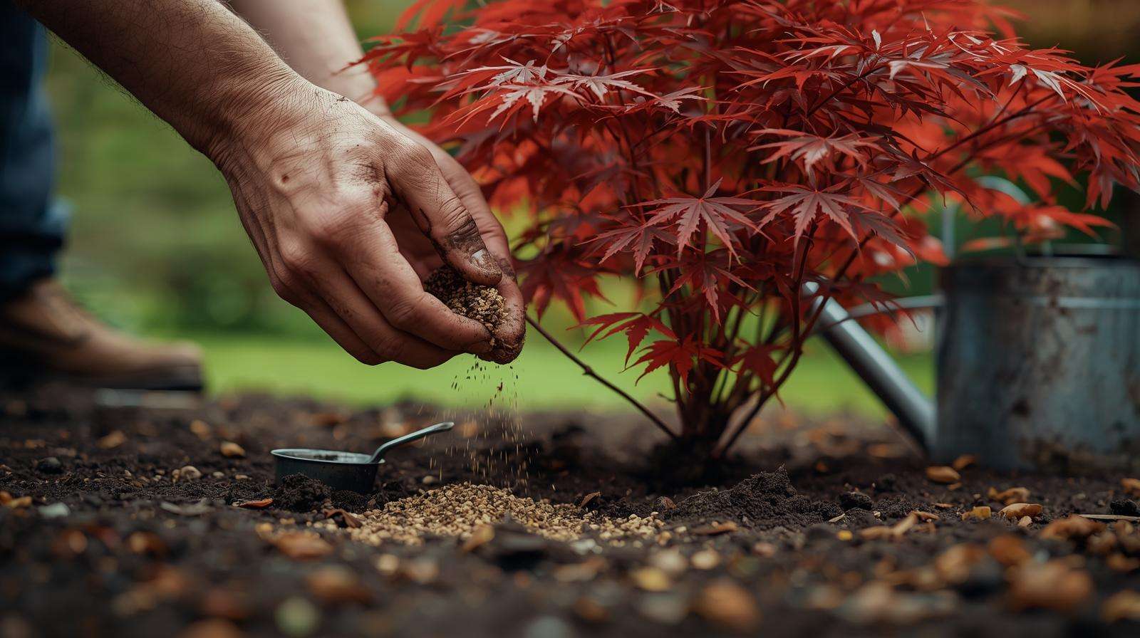 Gardener applying granular Japanese maple fertilizer around a tree’s drip line in a garden bed.