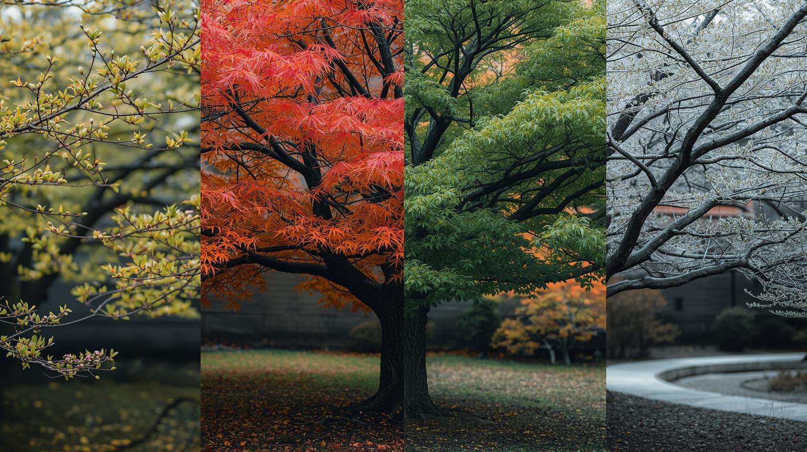 Japanese maple in four seasons—spring, summer, fall, winter—showing vibrant foliage changes in a garden setting.