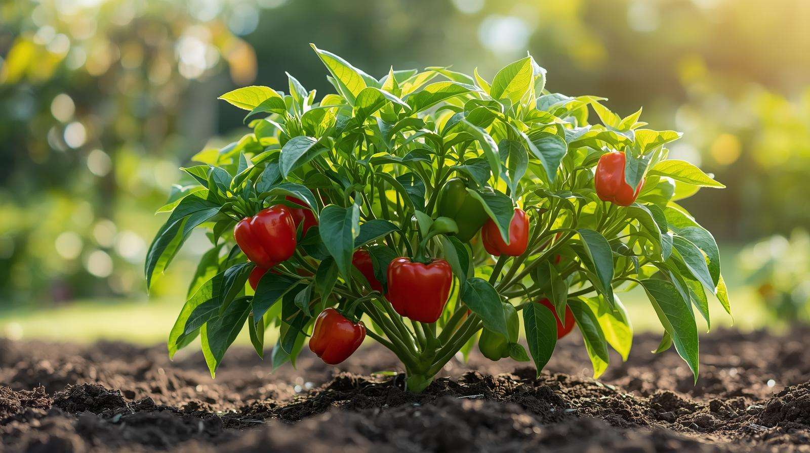 Healthy pepper plant with red and green bell peppers in a sunny garden, showcasing the benefits of the best fertilizer for peppers.