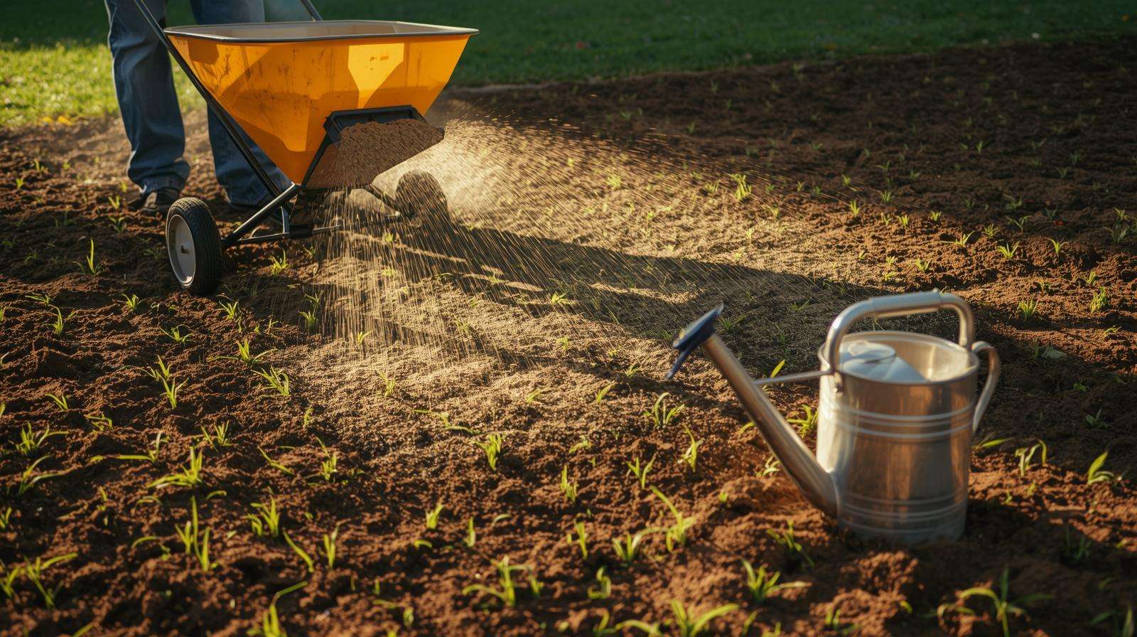 Gardener applying granular fertilizer for grass seed with a broadcast spreader in a sunny backyard lawn.
