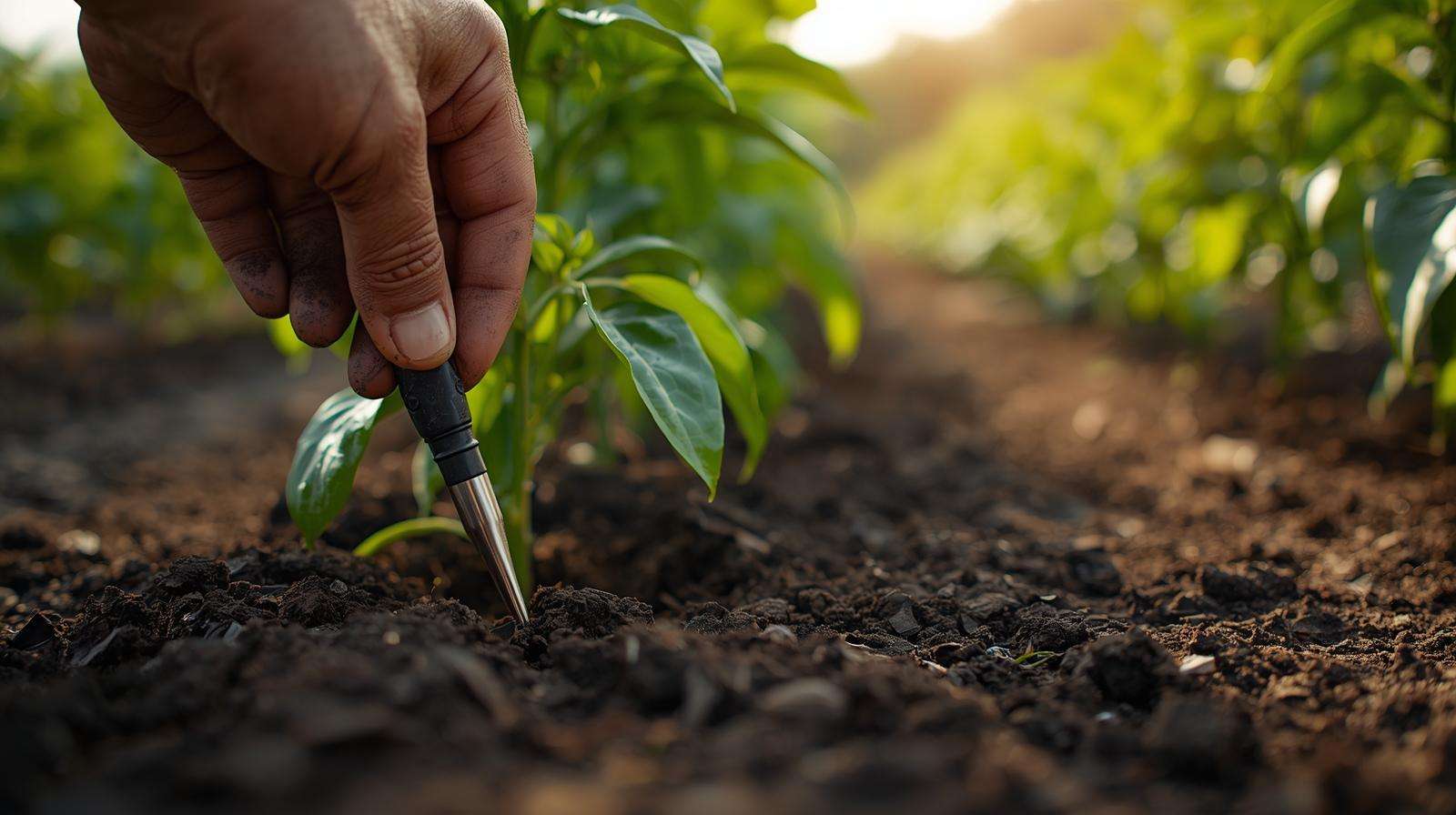 Soil testing kit in use near a pepper plant, highlighting proper soil management for optimal fertilizer for peppers.