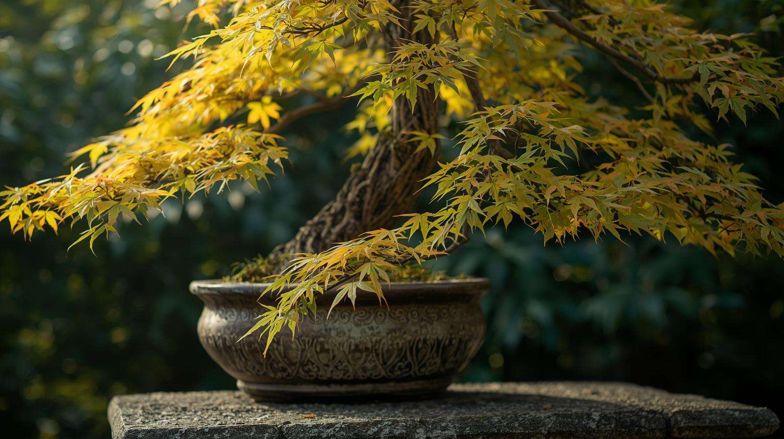 Japanese maple with yellowing leaves showing chlorosis due to nutrient deficiency, in a pot on a stone bench.