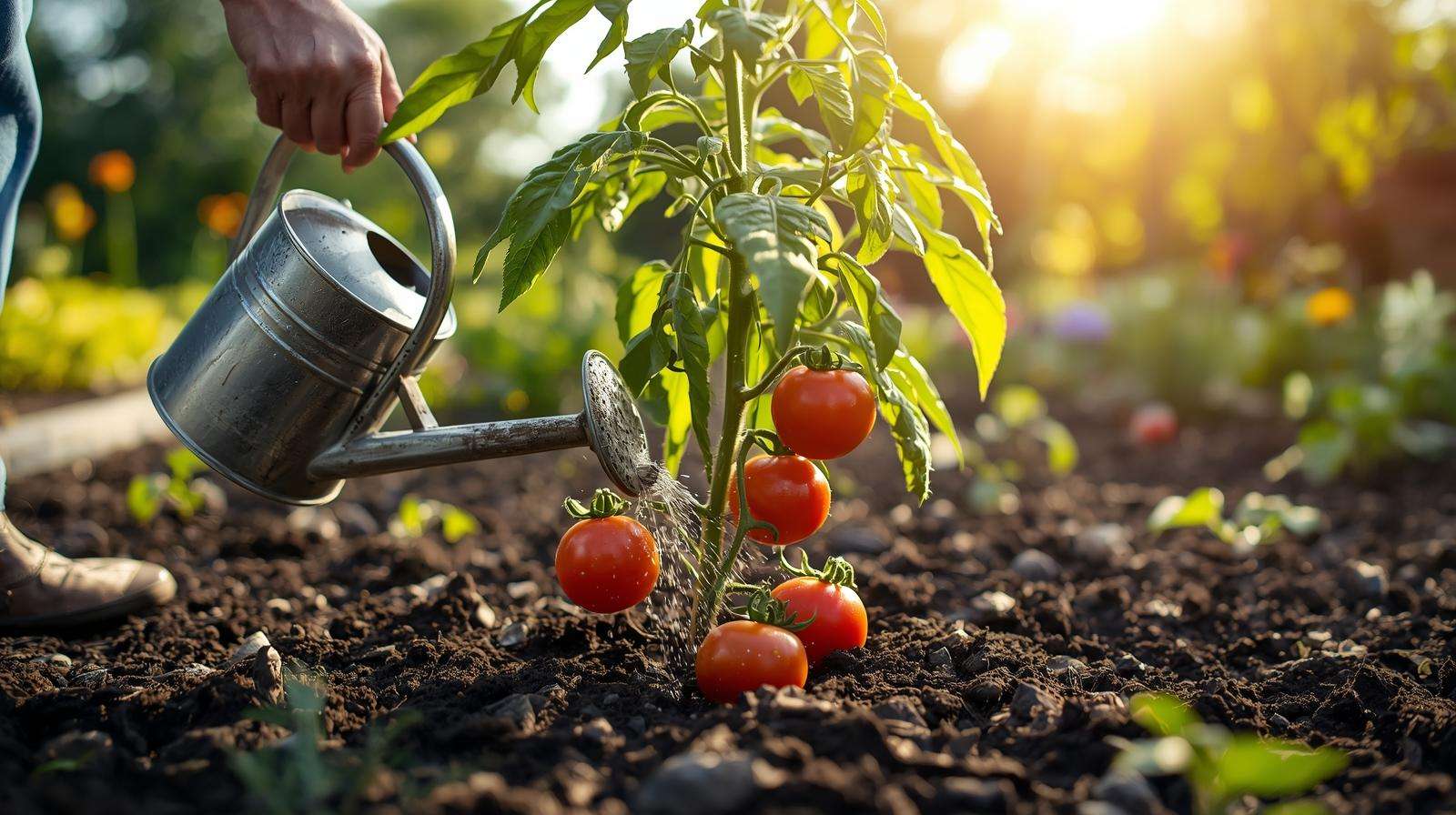 Gardener applying onion liquid fertilizer to a tomato plant in a garden bed, illustrating onion as fertilizer use.