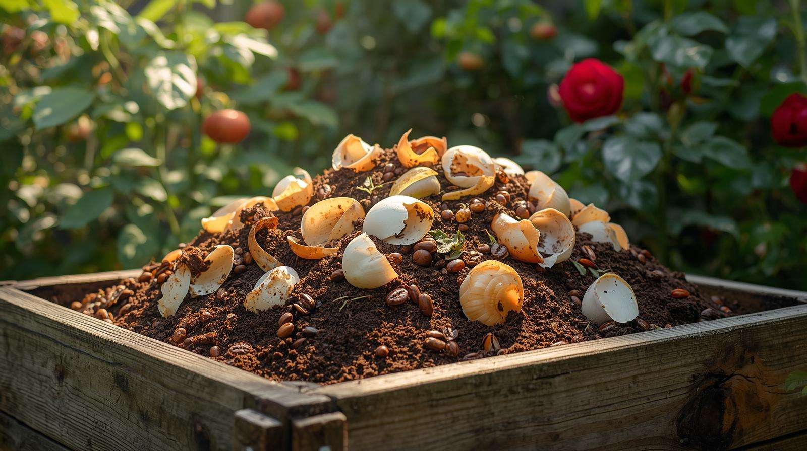 Compost pile with onion skins, coffee grounds, and eggshells in a garden bin, promoting sustainable onion fertilizer use.