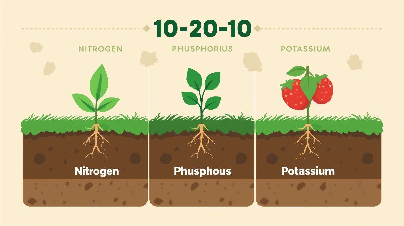Infographic illustrating nitrogen, phosphorus, and potassium in 10 20 10 fertilizer, highlighting root growth with vibrant plant icons.