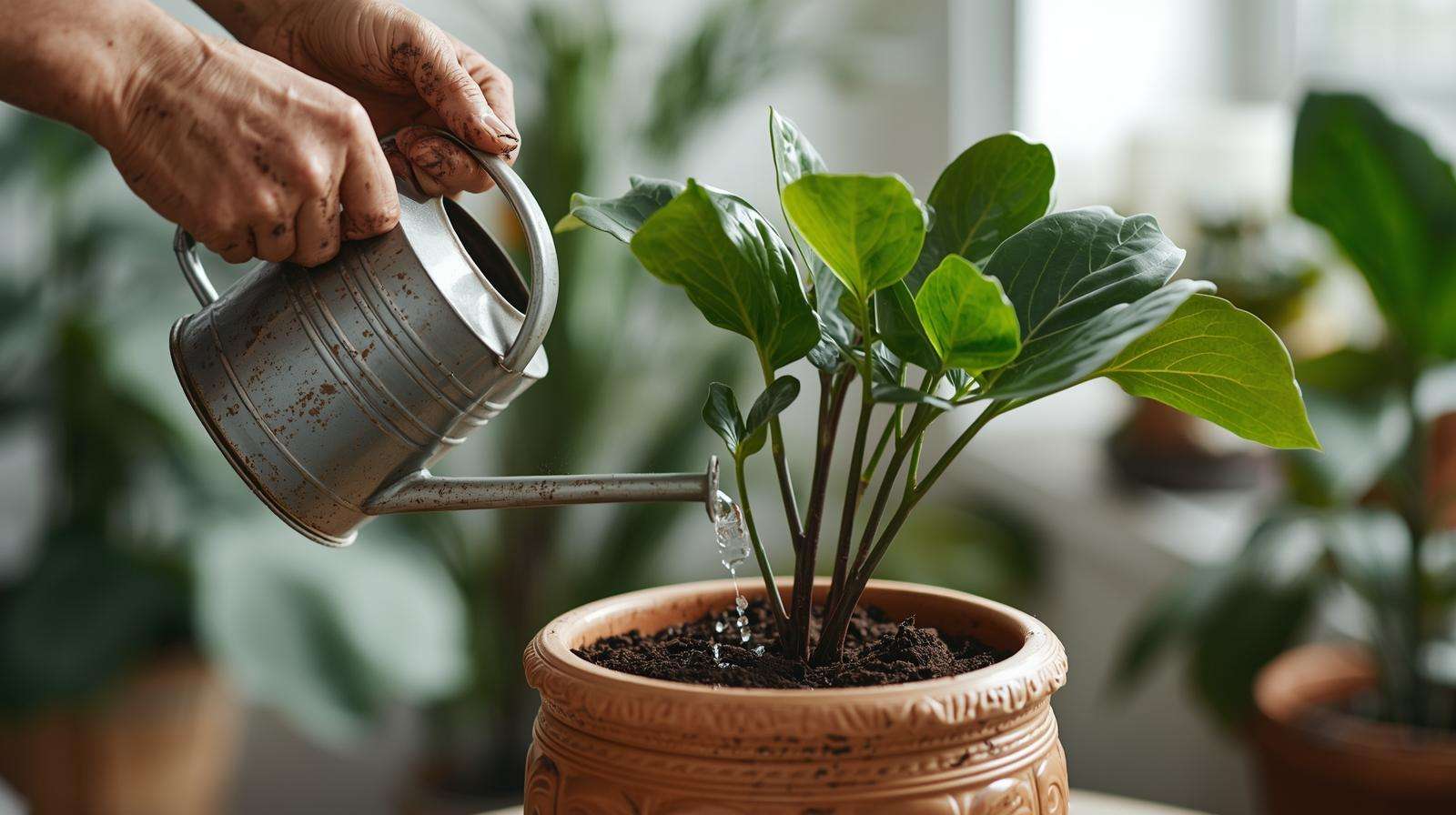 Gardener applying liquid fiddle leaf fig fertilizer to a potted plant, illustrating correct fertilization techniques for healthy growth.