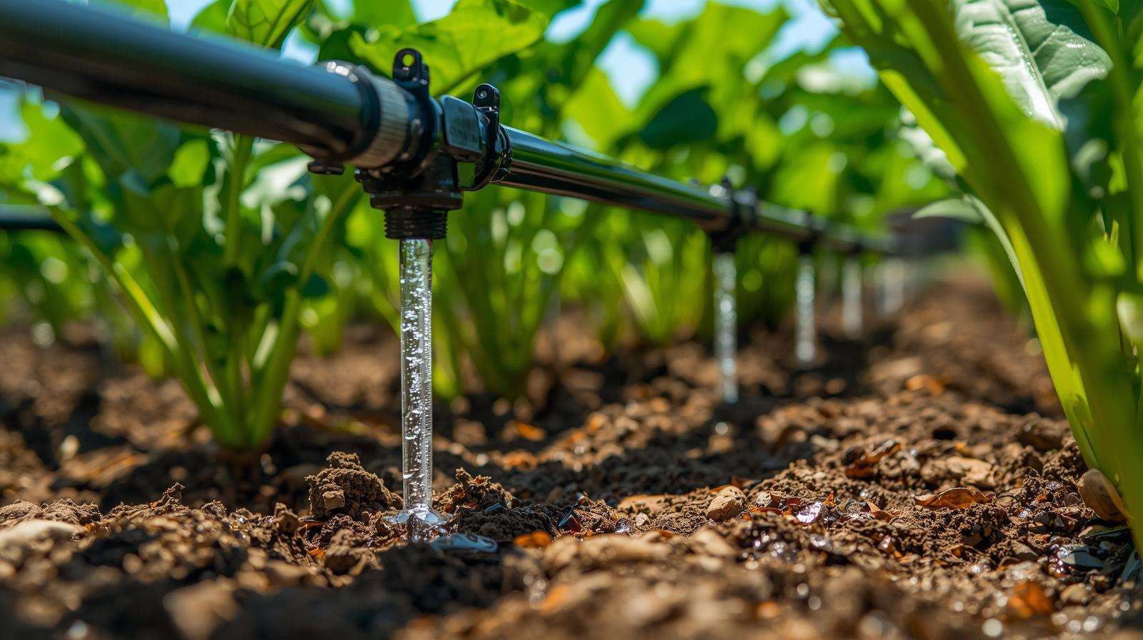 Drip irrigation system watering beet plants, optimizing nutrient uptake for 10 20 10 fertilizer in sustainable gardening.