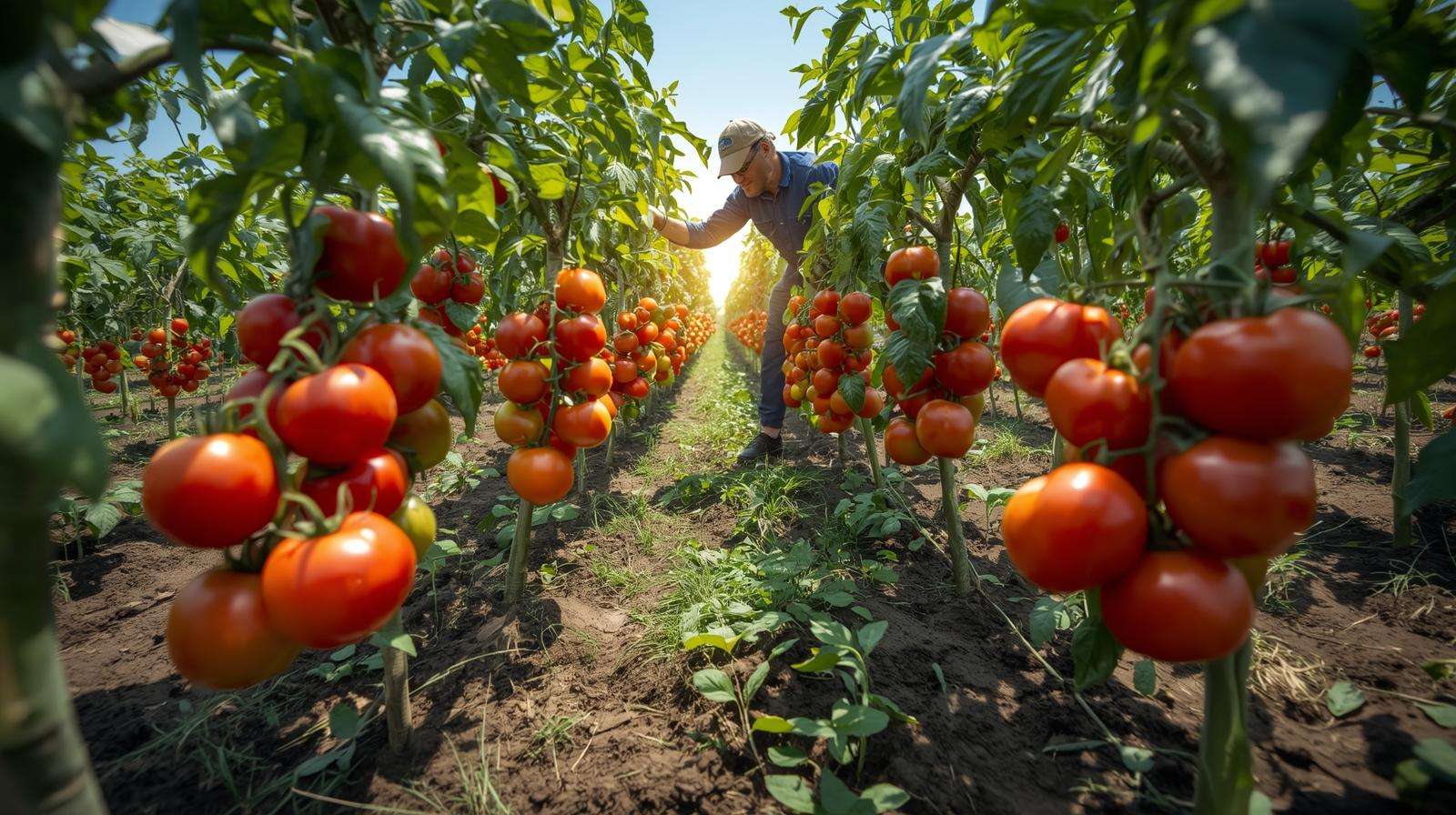 Farmer inspecting a bountiful tomato harvest, showcasing the success of 10 20 20 fertilizer in boosting fruit production.