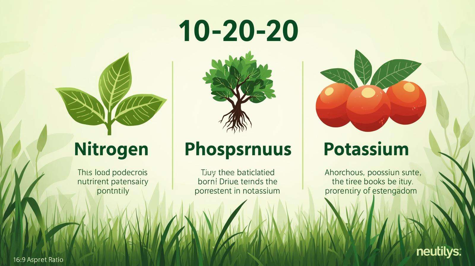 Infographic showcasing nitrogen, phosphorus, and potassium in 10 20 20 fertilizer, with icons of leaves, roots, and fruits for vibrant plant growth.