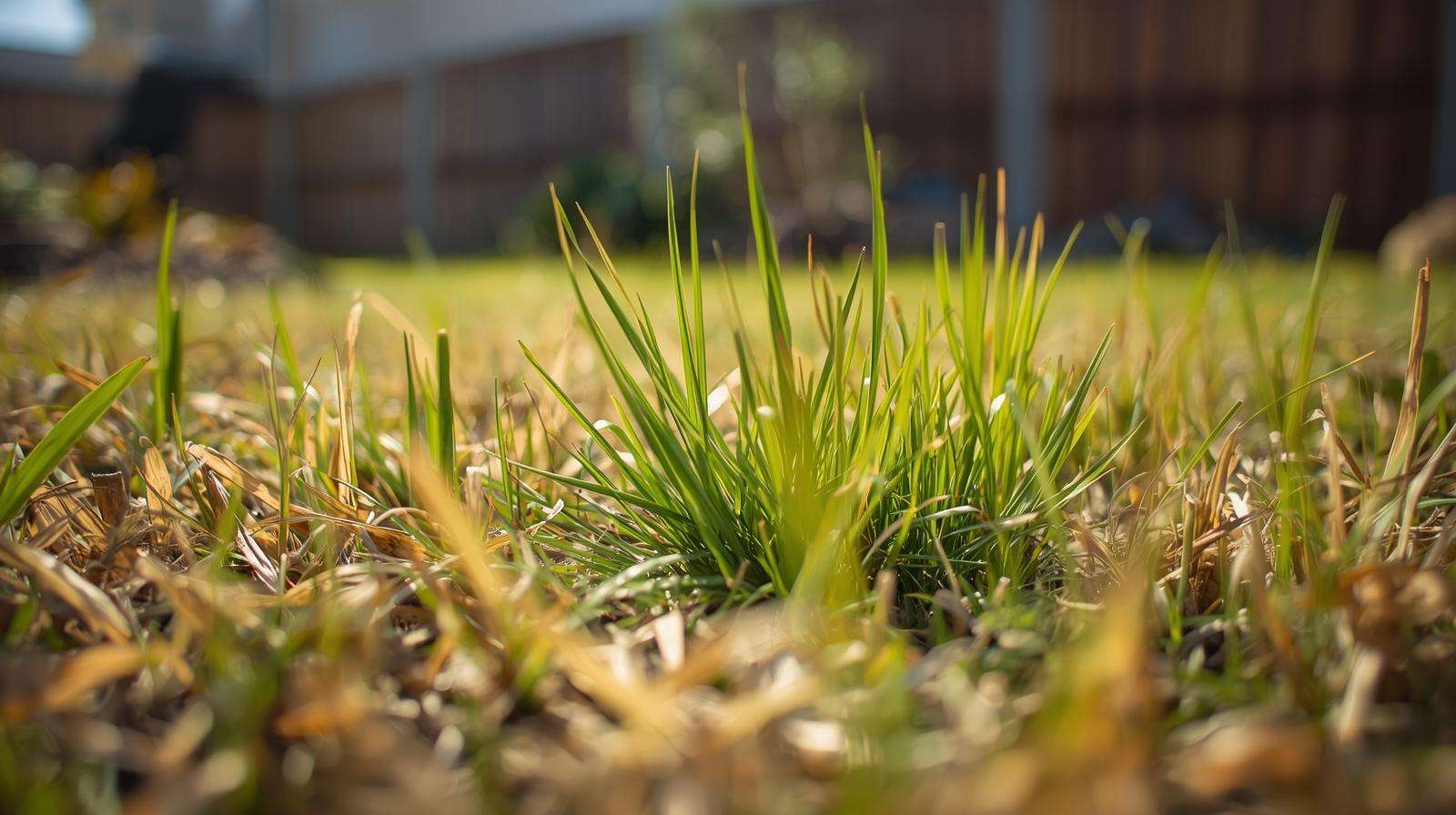 Patchy lawn with yellowing grass seedlings due to nutrient deficiency, contrasted with healthy grass in a suburban backyard.