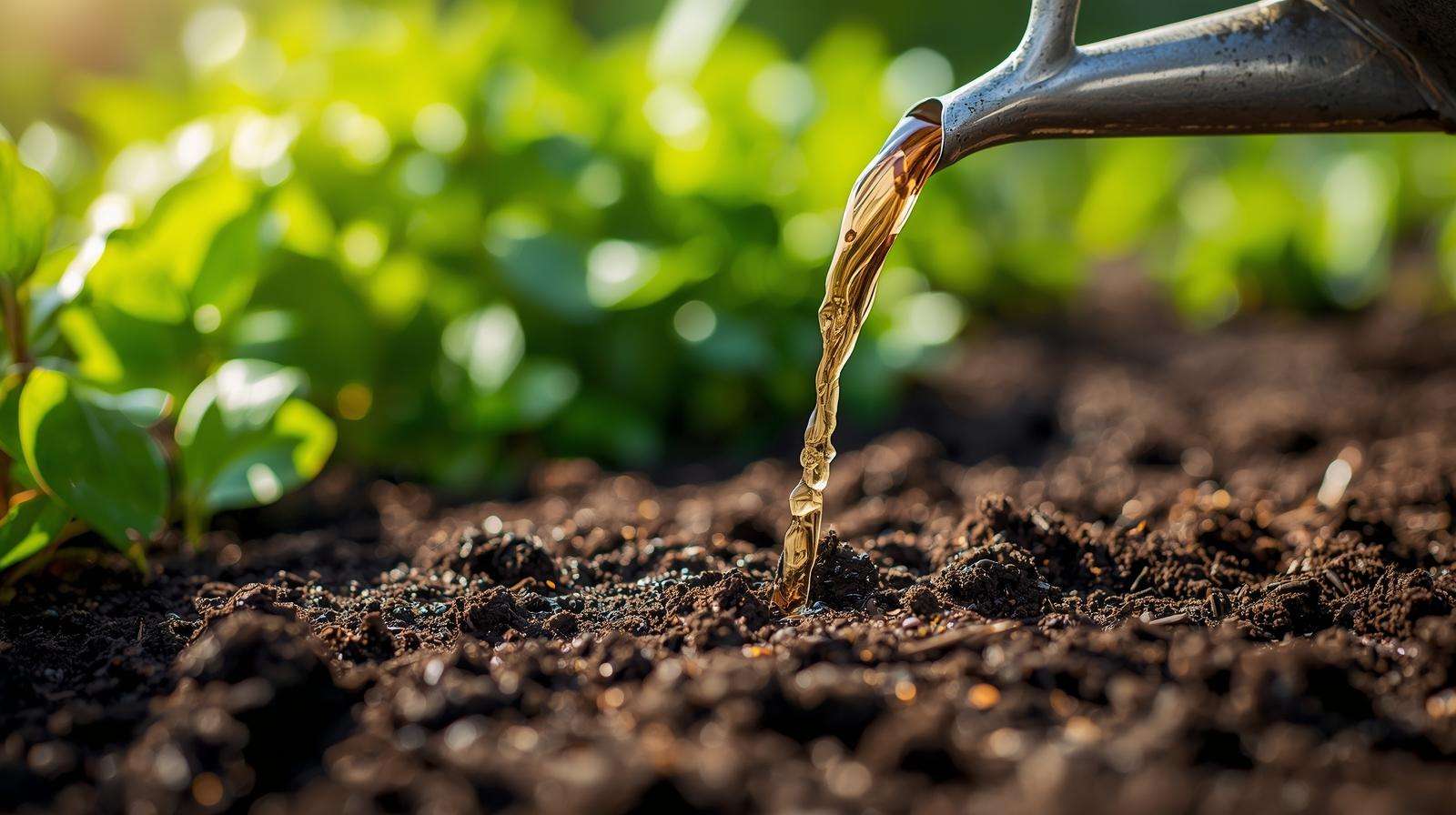 Close-up of compost tea being applied to rich garden soil, promoting organic plant growth.