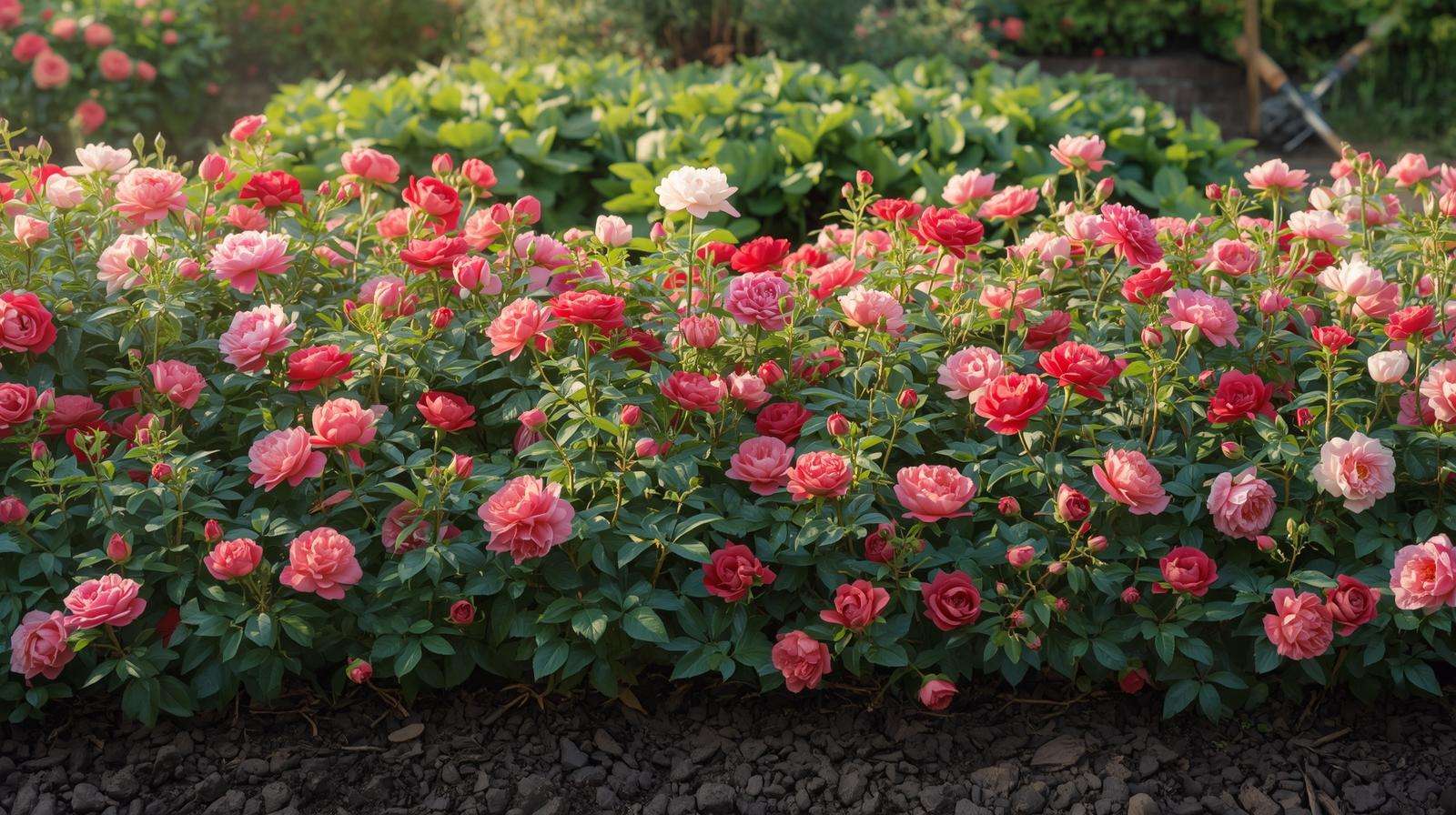 Colorful roses and peonies thriving in a garden with fertilizer high potassium for vibrant blooms.