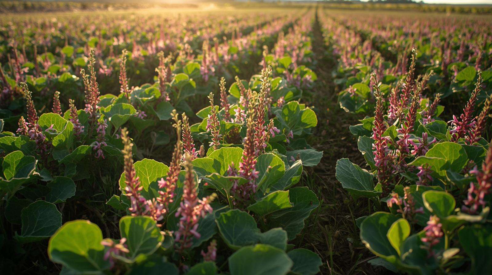 Red clover cover crop in an organic soybean field, promoting soil fertility and sustainability.