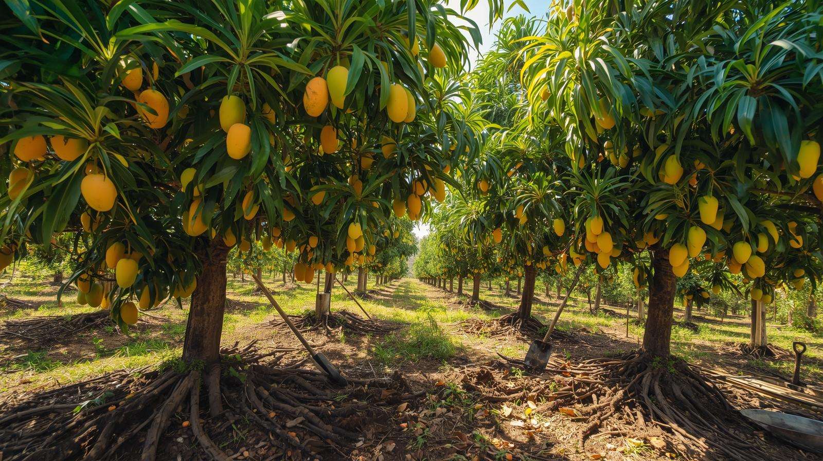 Mango orchard with ripe fruit thriving from mango fertilization for abundant harvests.