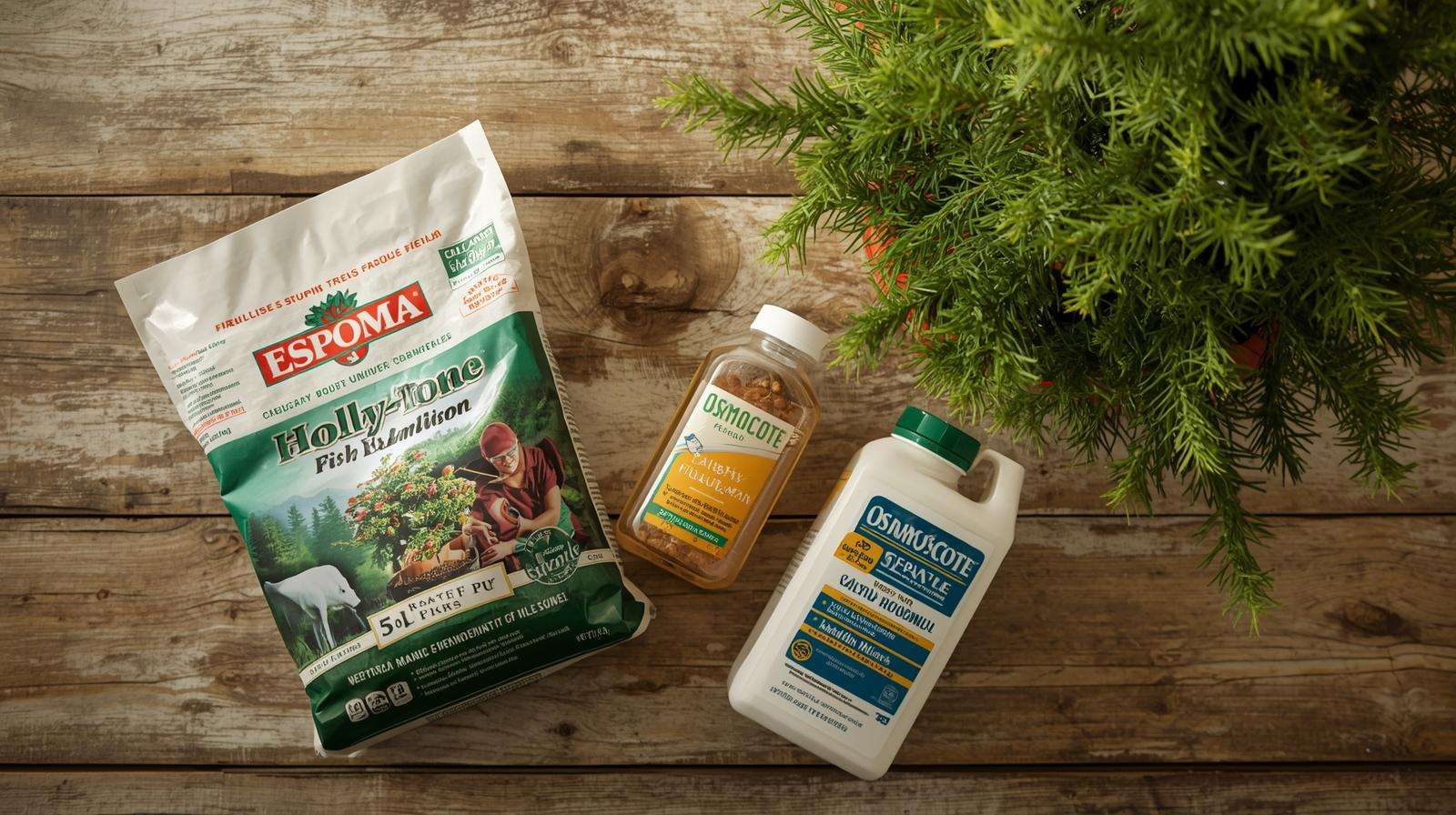 Pine tree fertilizer products, including Holly-tone and fish emulsion, on a wooden table with a pine in the background.