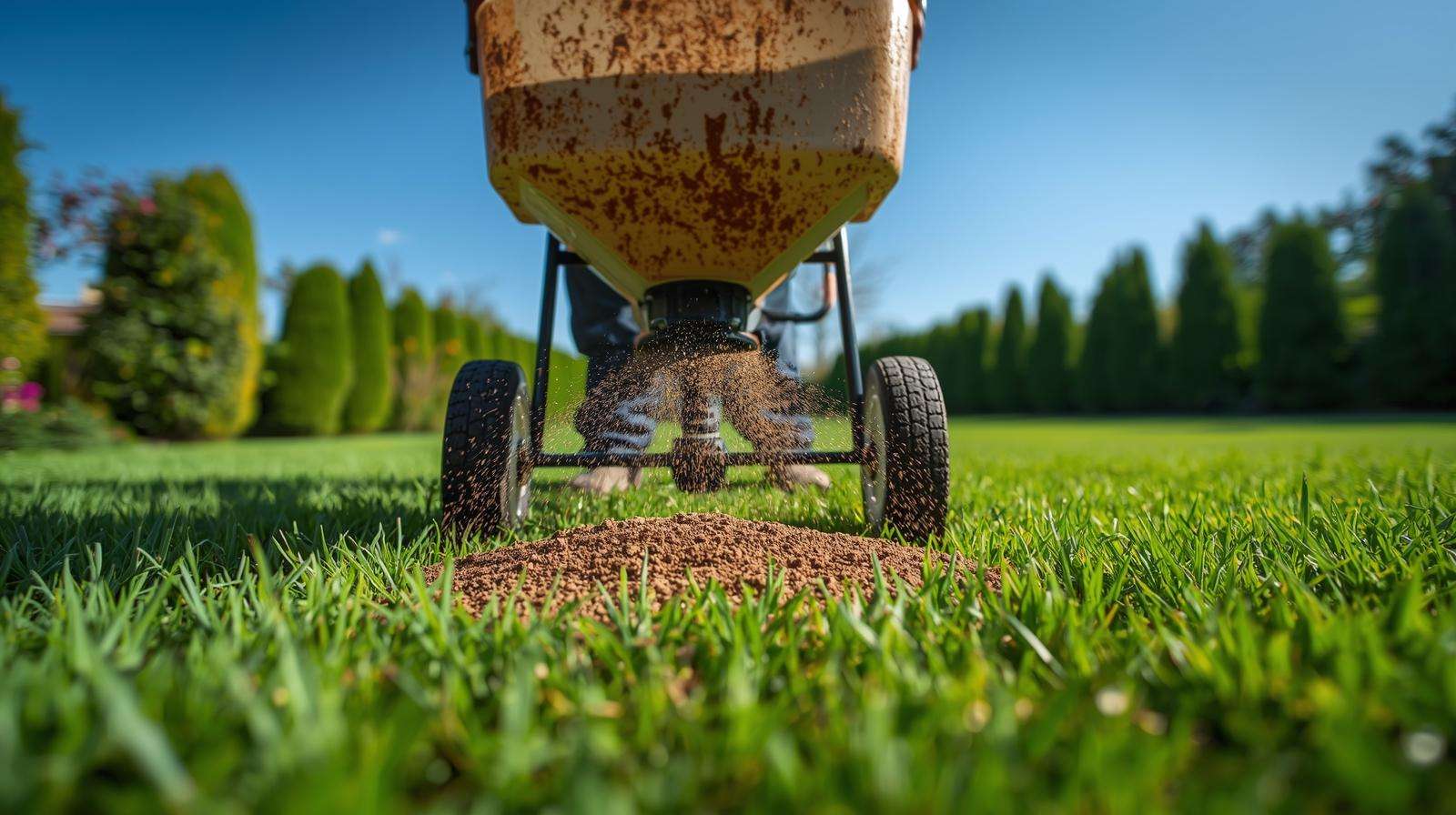 Gardener applying granular 12-12-12 fertilizer to a lawn, promoting healthy grass growth.
