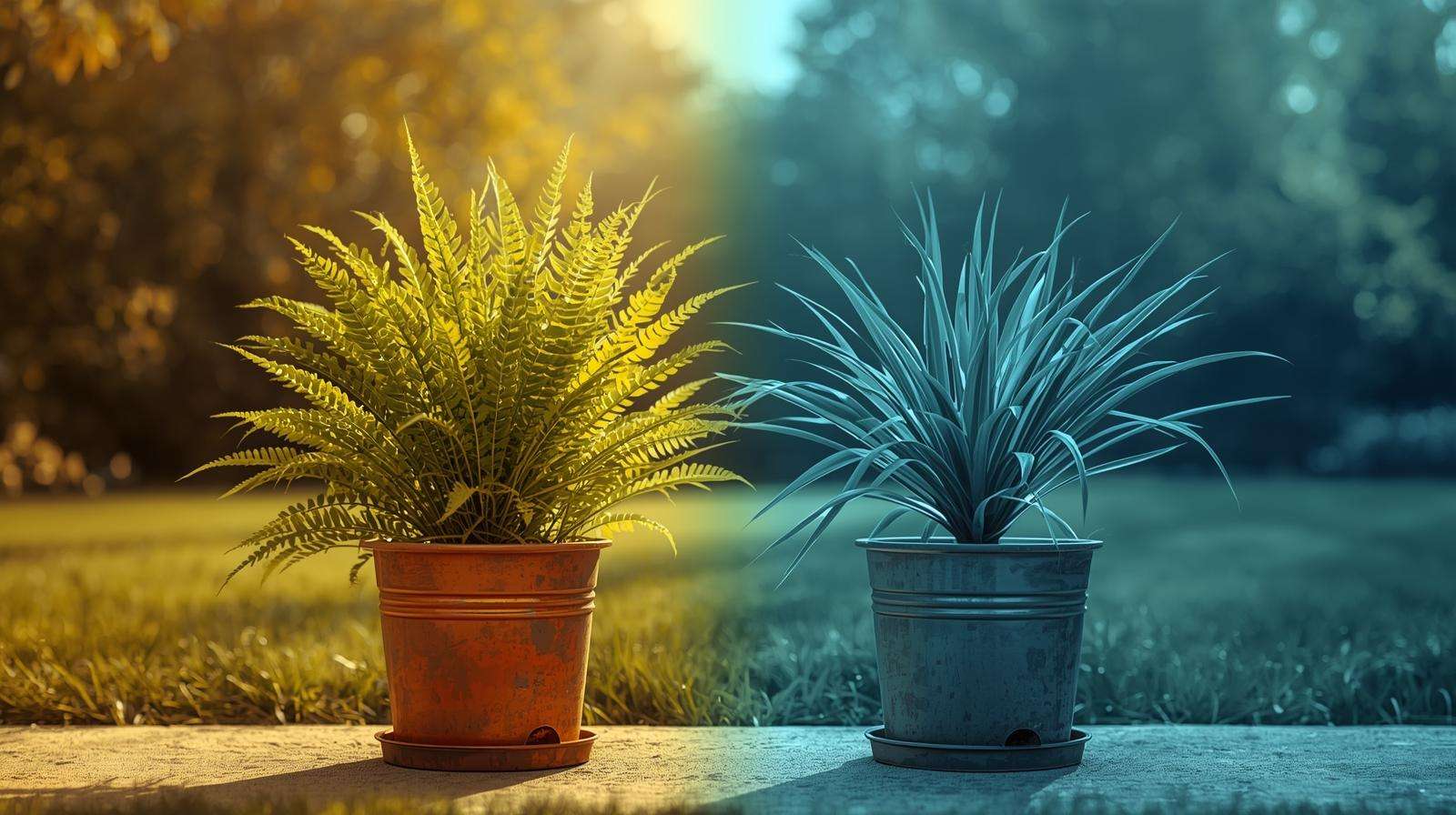 Comparison of healthy plant with warm water and wilted plant with cold water to show ideal watering temperature.