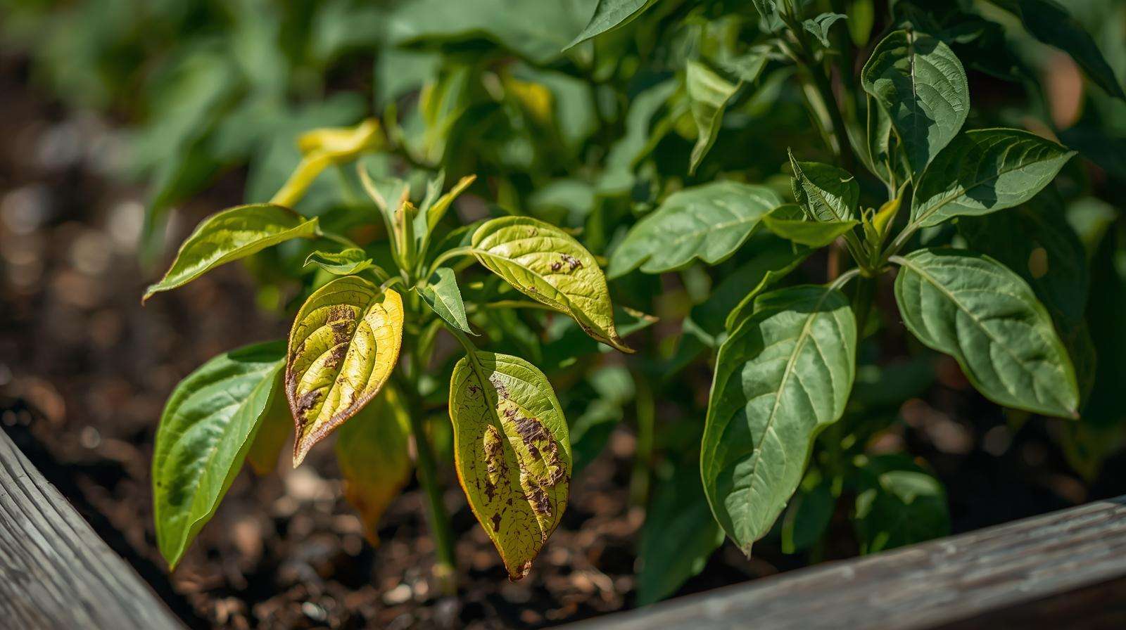 Pepper plant with yellowing leaves due to nutrient imbalance from onion fertilizer, contrasted with a healthy plant.