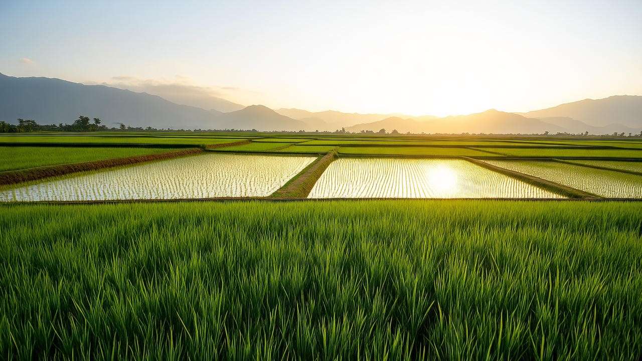 Lush green organic jasmine rice fields under a golden sunrise, reflecting sustainable farming practices.